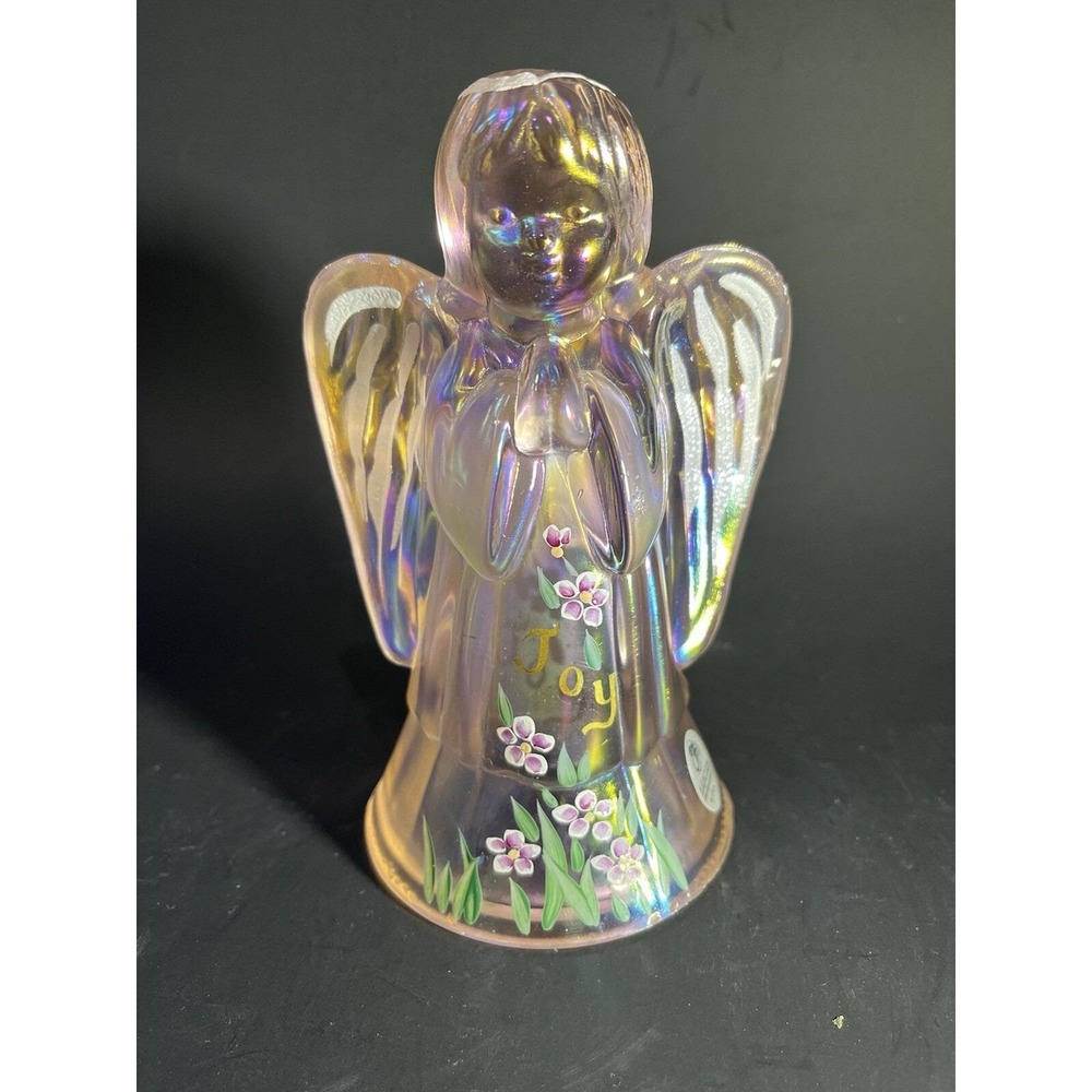 Fenton Art Glass Angel Iridescent Joy Hand Painted Flowers Signed Williams